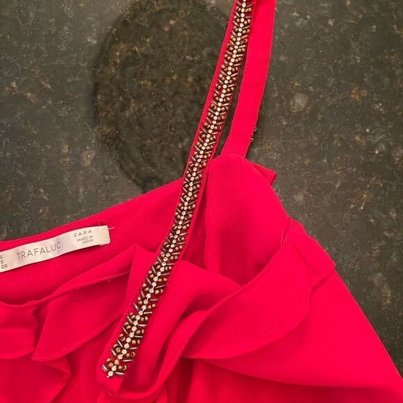 *Zara* *Barbiecore* Red Beaded Sheer Layered Ruffle Trim Dress Sz Small - Picture 8 of 9